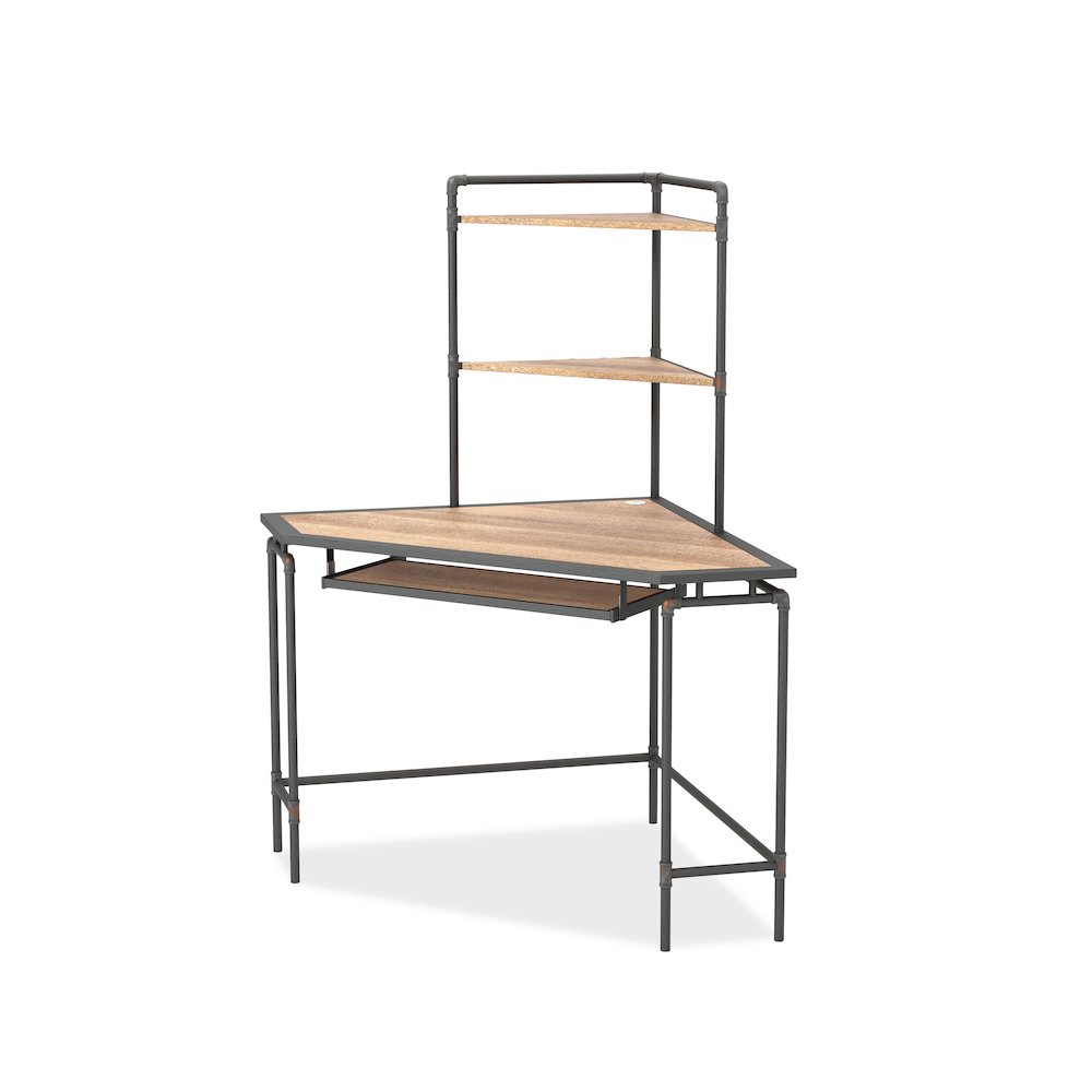 Flak Industrial Wood Corner Desk with Shelves in Sand Black. Picture 1