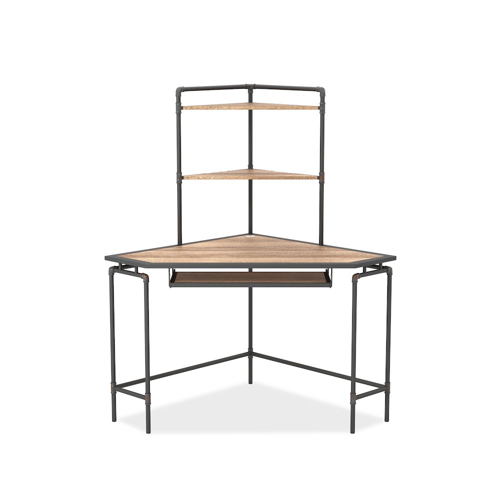 Flak Industrial Wood Corner Desk with Shelves in Sand Black. Picture 2