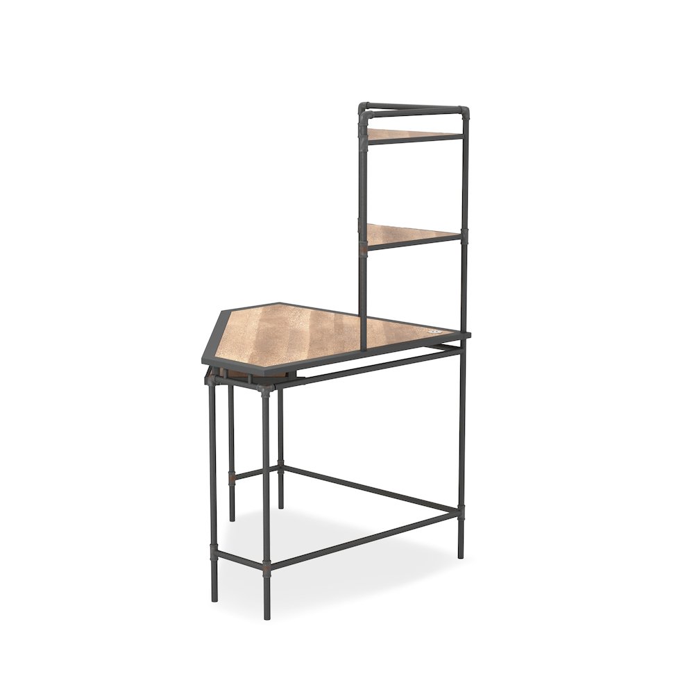 Flak Industrial Wood Corner Desk with Shelves in Sand Black. Picture 3