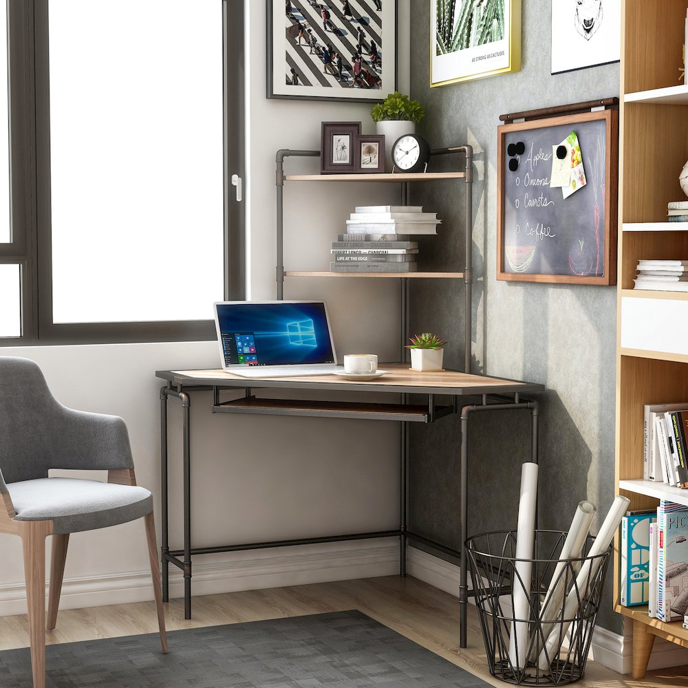 Flak Industrial Wood Corner Desk with Shelves in Sand Black. Picture 4