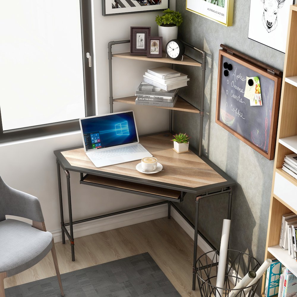 Flak Industrial Wood Corner Desk with Shelves in Sand Black. Picture 5