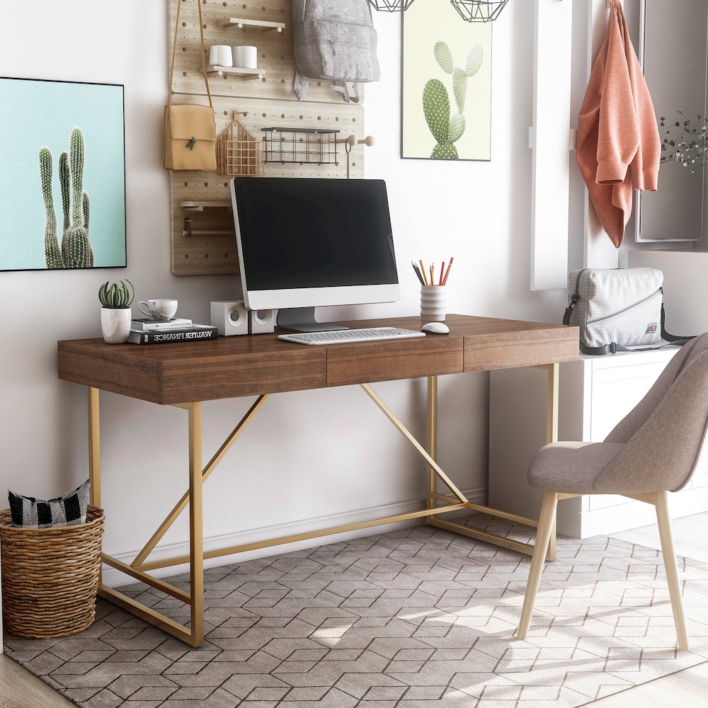 Teviot Wood 3-Drawer Writing Desk in Light Walnut. Picture 4