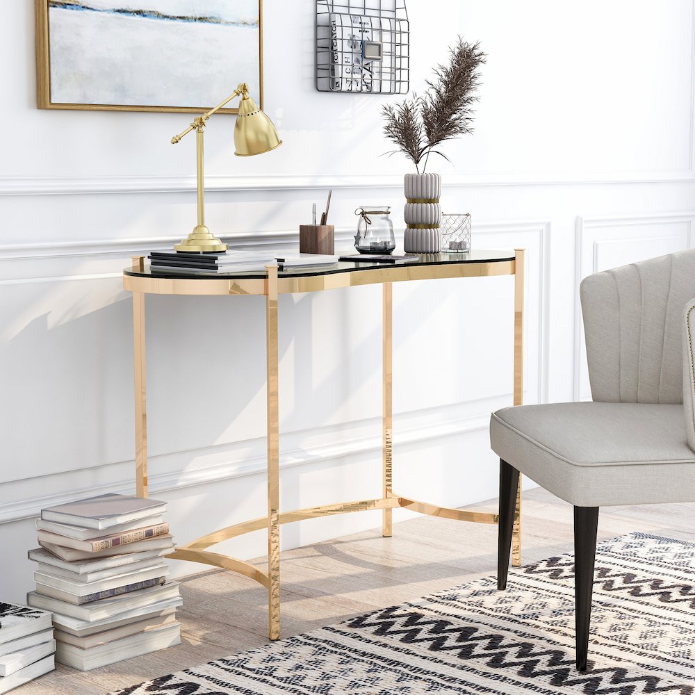 Lythy Contemporary Glass Top Desk in Gold. Picture 4