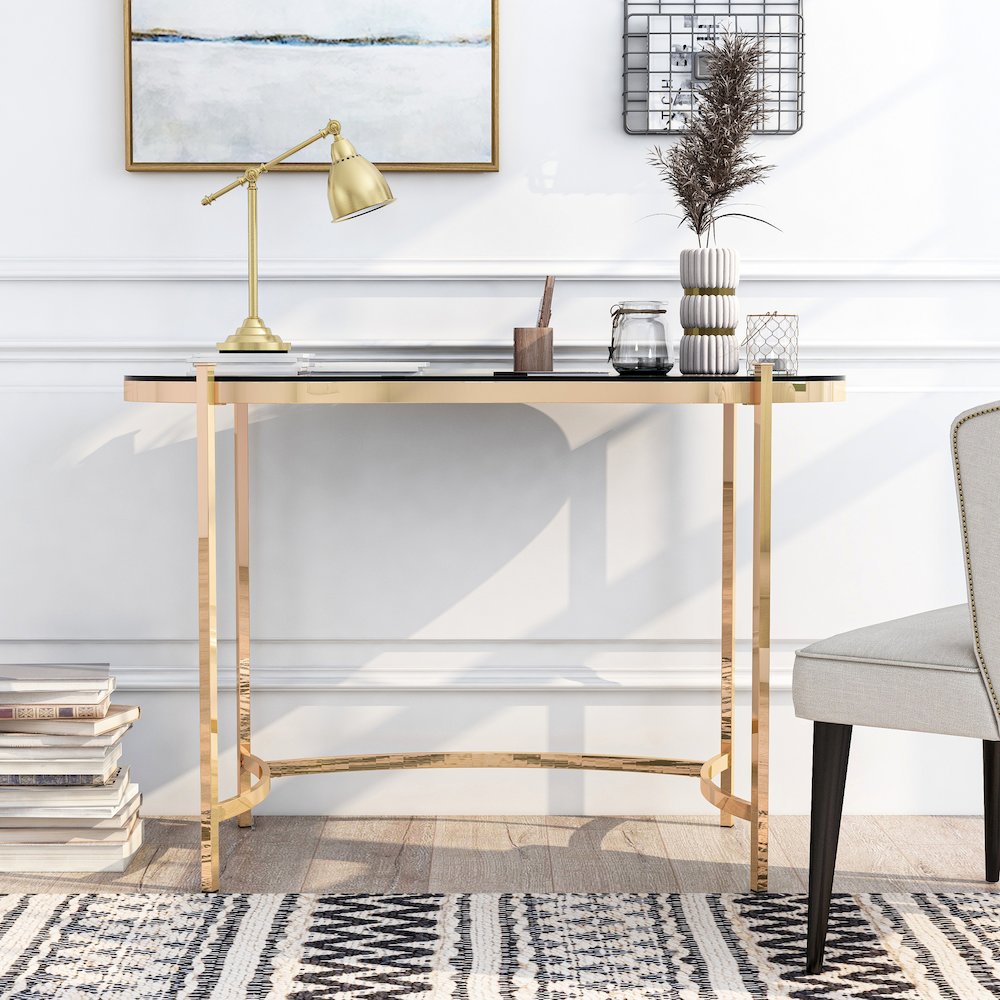 Lythy Contemporary Glass Top Desk in Gold. Picture 5