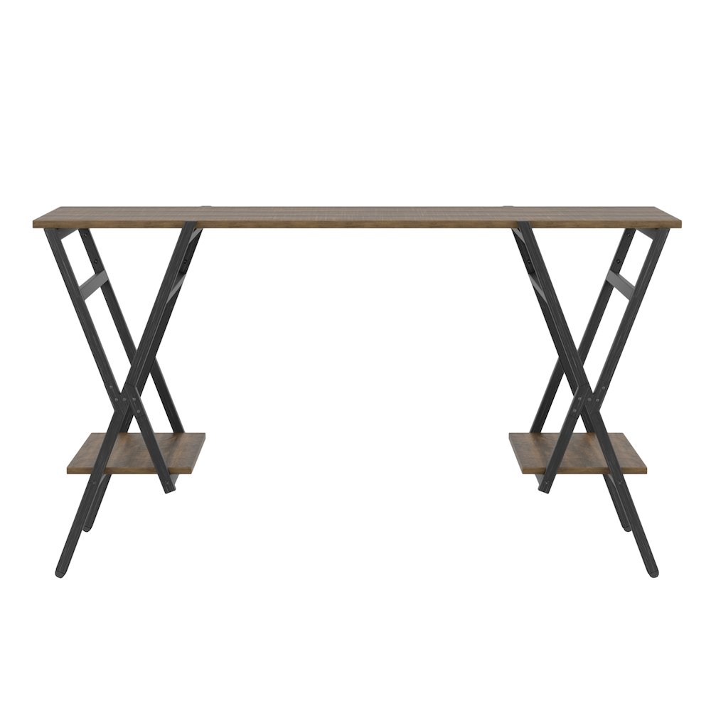 Carti Rustic Wood 2-Shelf Writing Desk in Oak and Gun Metal. Picture 1