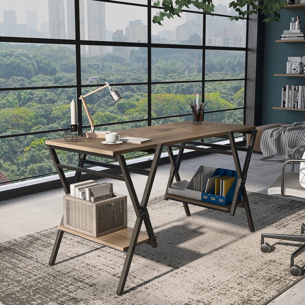 Carti Rustic Wood 2-Shelf Writing Desk in Oak and Gun Metal. Picture 4