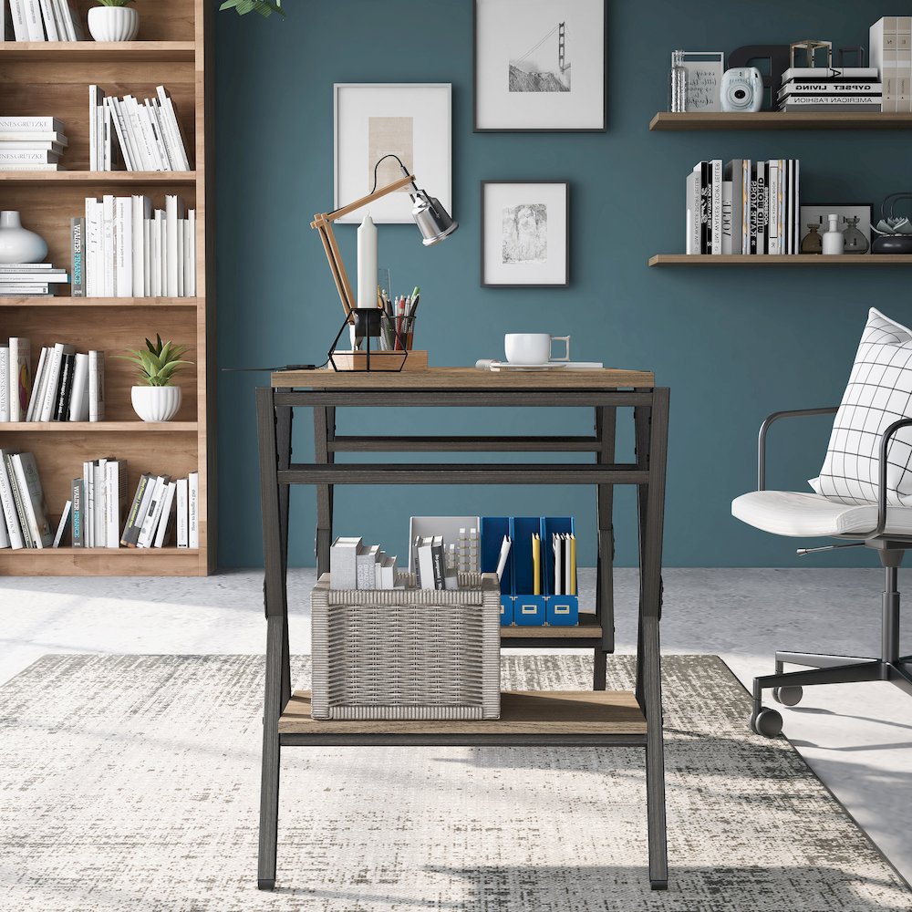 Carti Rustic Wood 2-Shelf Writing Desk in Oak and Gun Metal. Picture 5