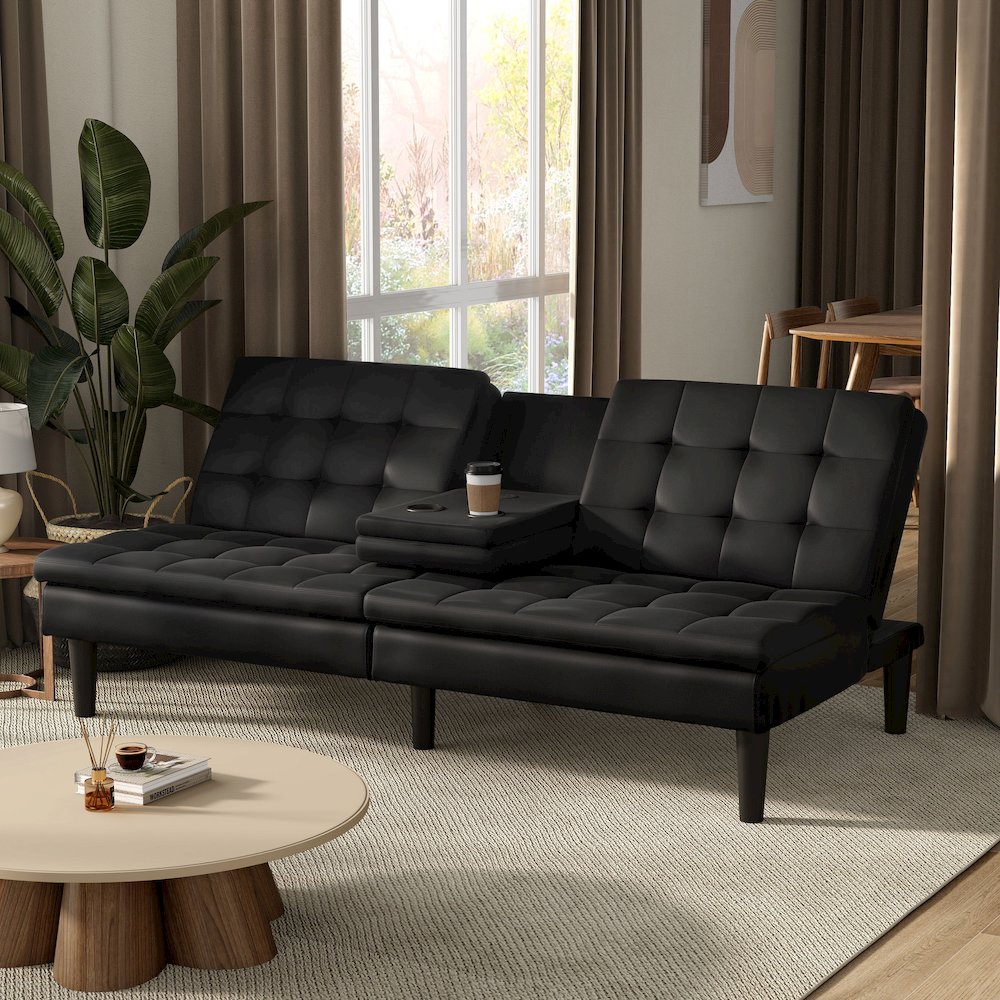 Fallein Black Faux Leather Futon Sofa Bed with USB Ports. Picture 4