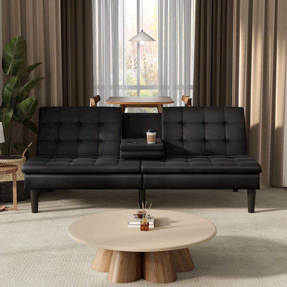 Fallein Black Faux Leather Futon Sofa Bed with USB Ports. Picture 5