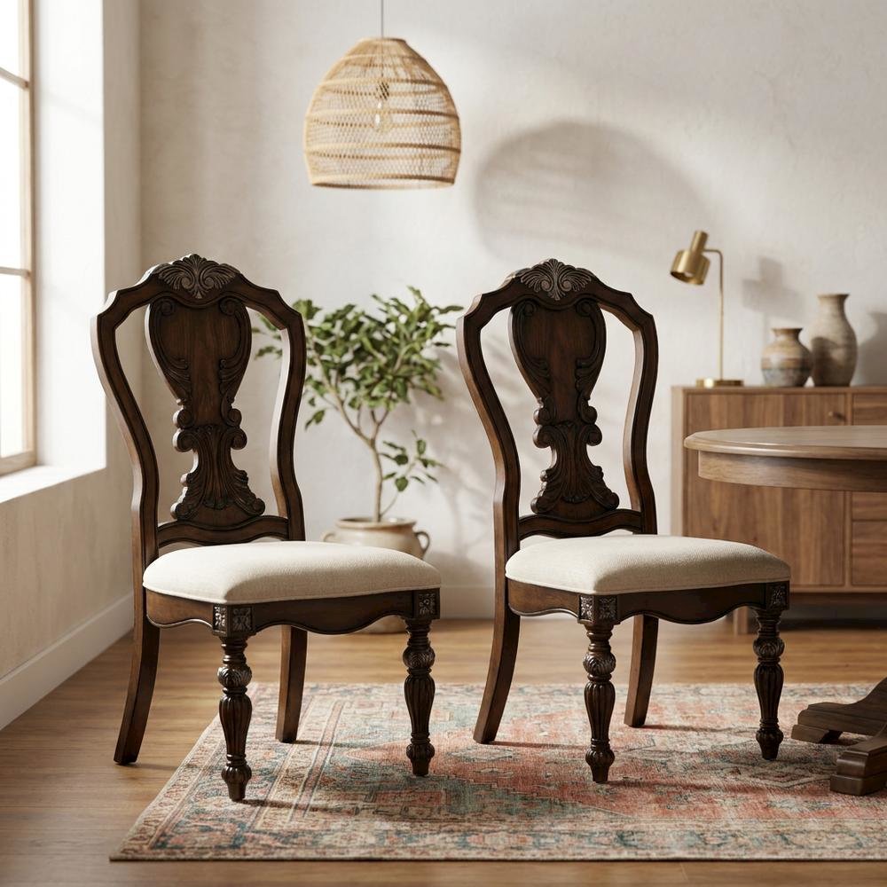 Dark Brown Upholstered Dining Side Chairs with Cushioned Seating, Set of 2. Picture 2