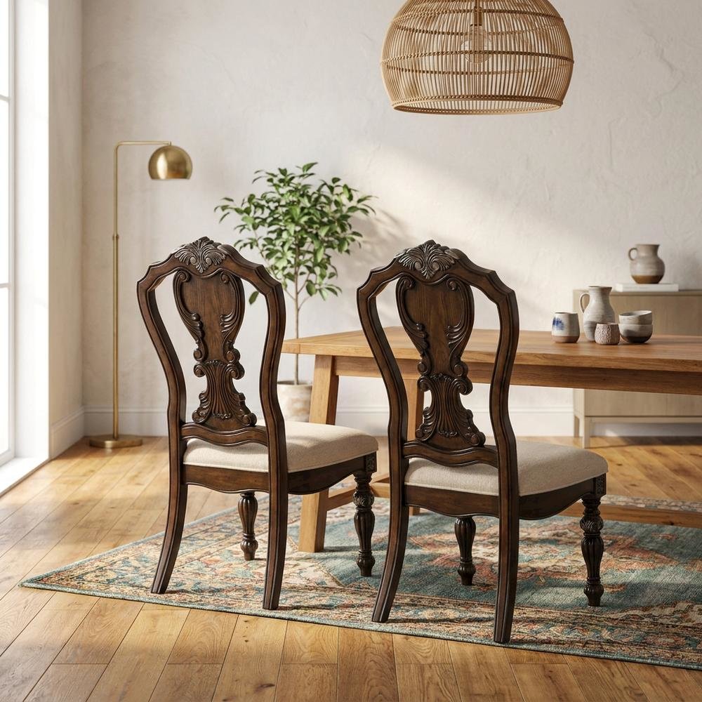 Dark Brown Upholstered Dining Side Chairs with Cushioned Seating, Set of 2. Picture 3