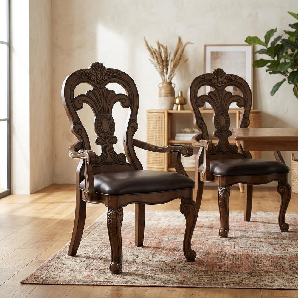 Dark Brown Upholstered Dining Arm Chair Set with Premium Fabric. Picture 2