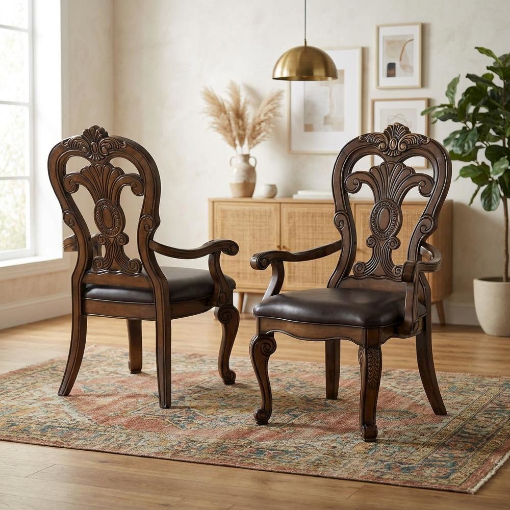 Dark Brown Upholstered Dining Arm Chair Set with Premium Fabric. Picture 3