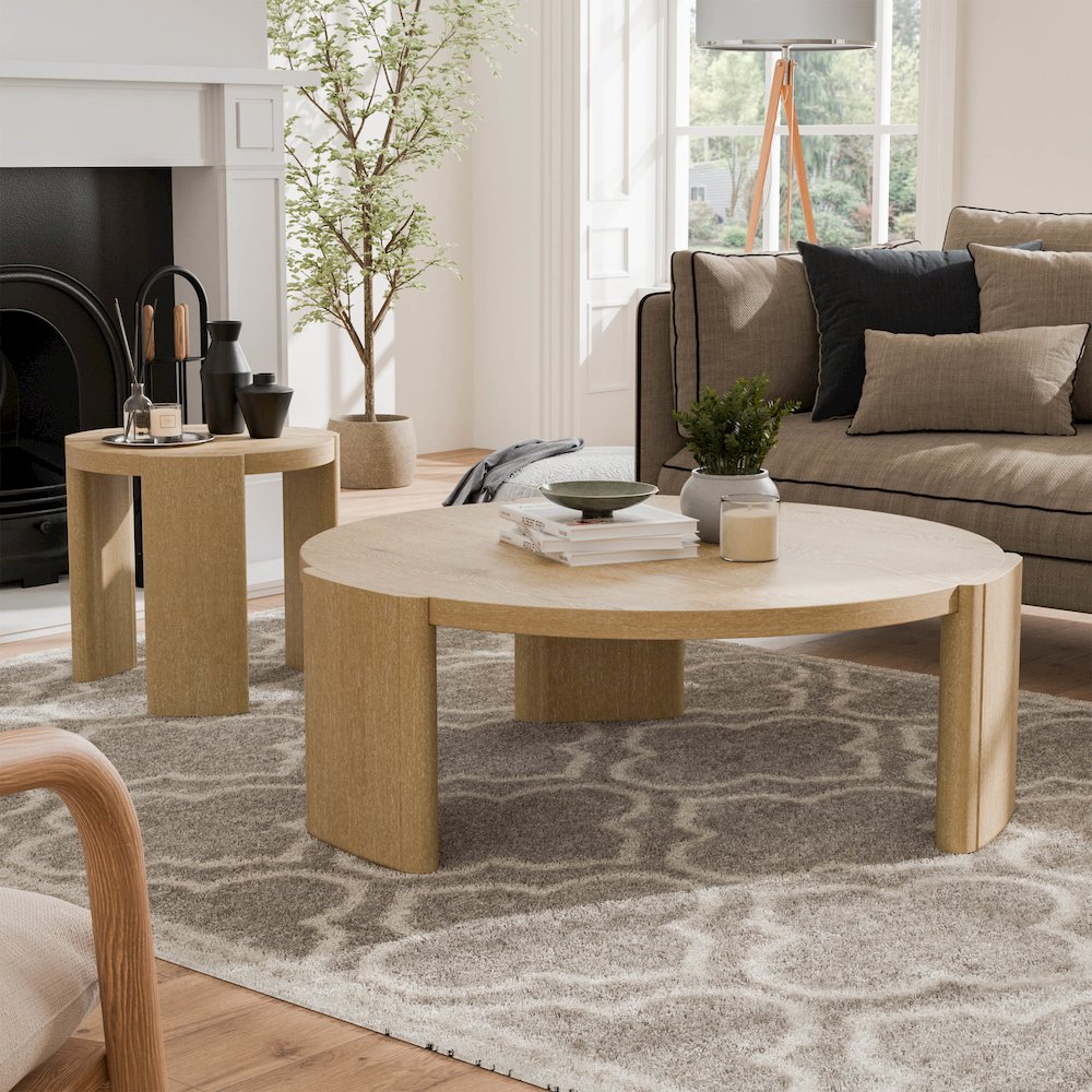 Honora 2-Piece Modern Oak Wood Round Coffee Table Set. Picture 4