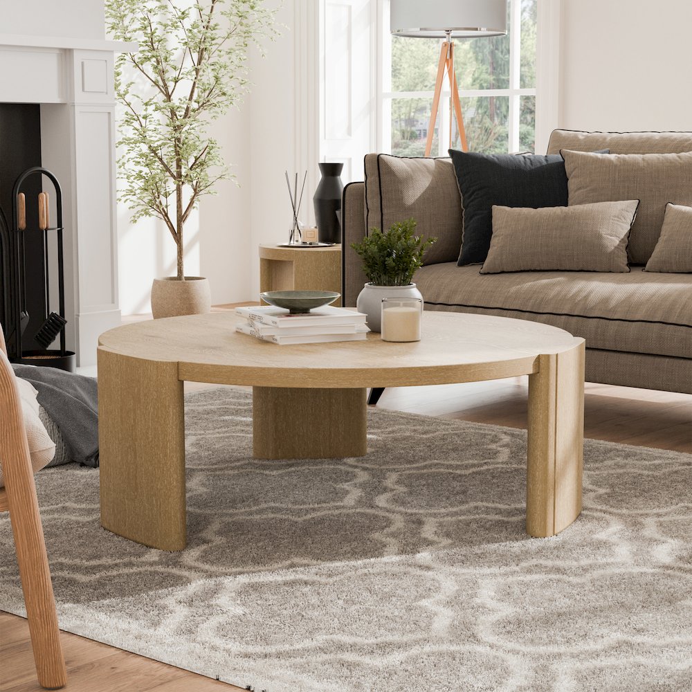 Honora Modern Oak Wood Round Coffee Table with Plinth Base. Picture 4