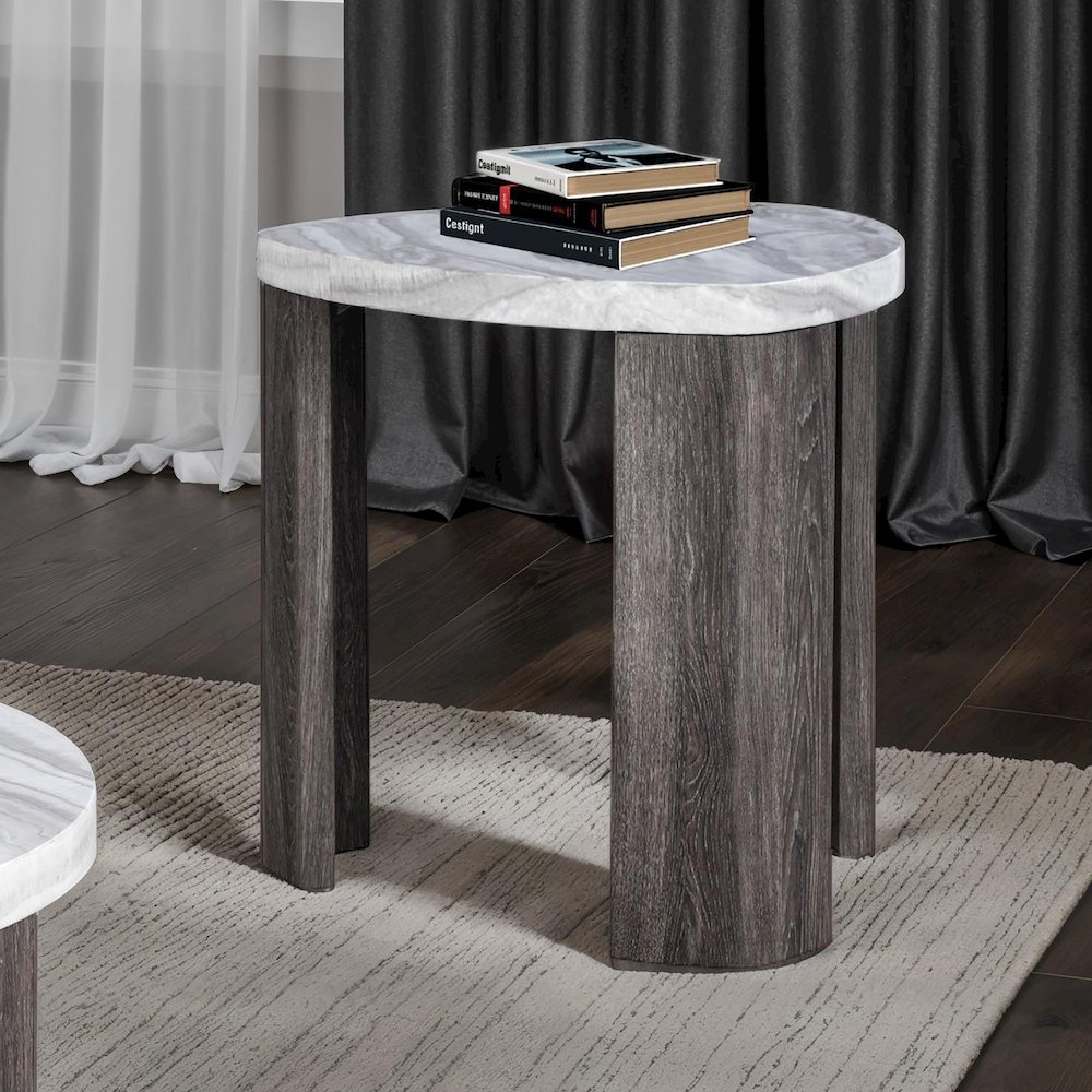 Elric Modern Grey and Brown Wood Triangular End Table. Picture 3