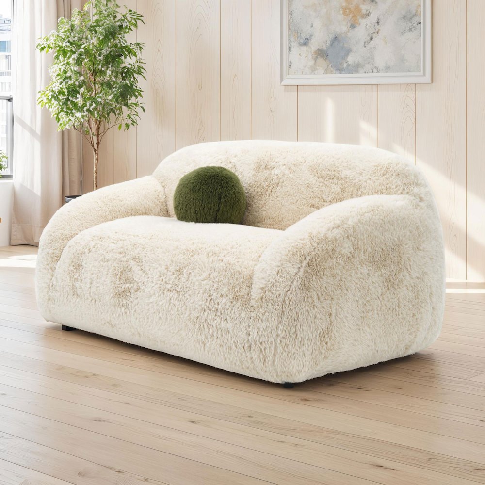 Grizzly Faux Fur Long-Pile Shaggy Loveseat with Ball Pillow. Picture 4