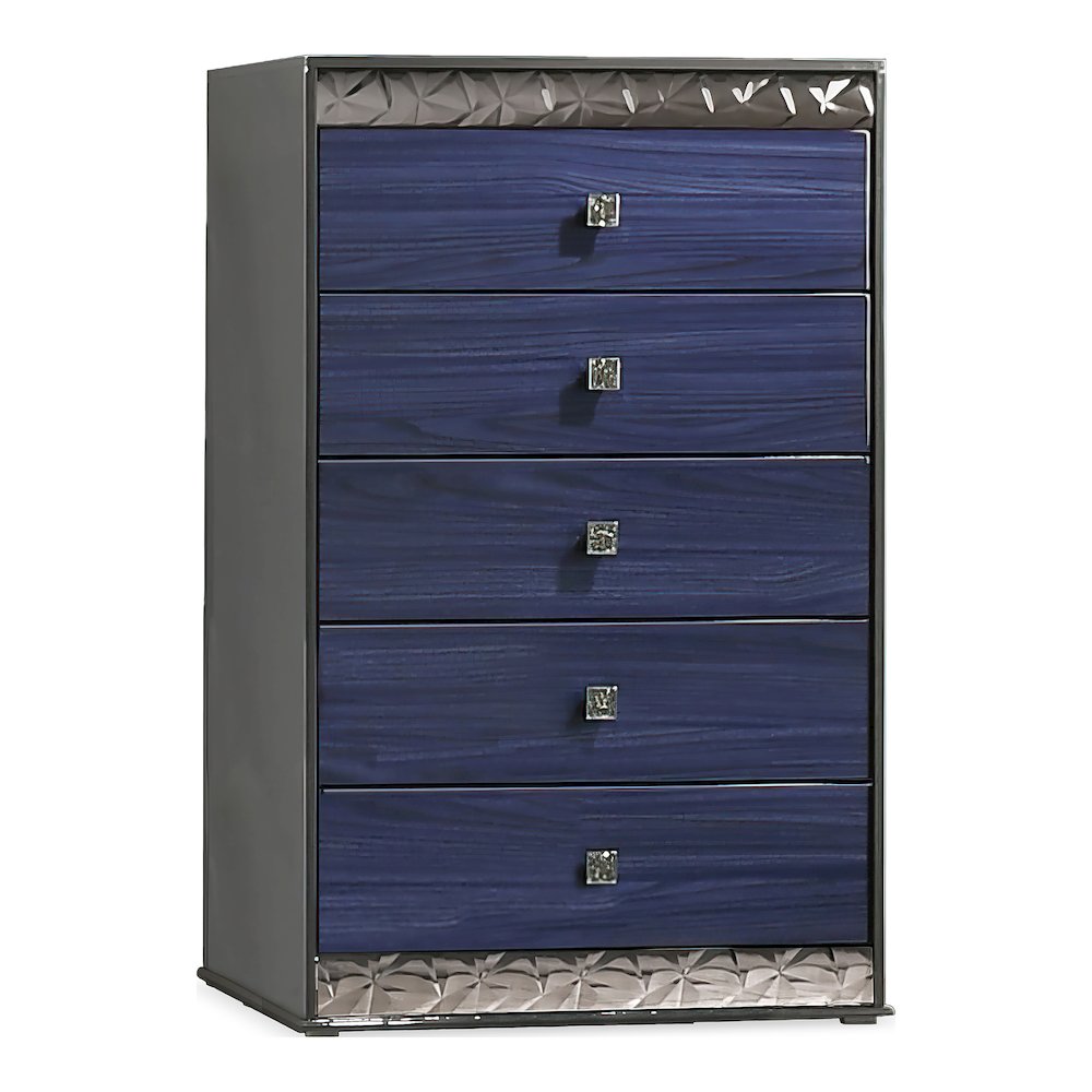 Kensing Glam Ash Gray and Indigo Blue Wood 5-Drawer Chest. Picture 1