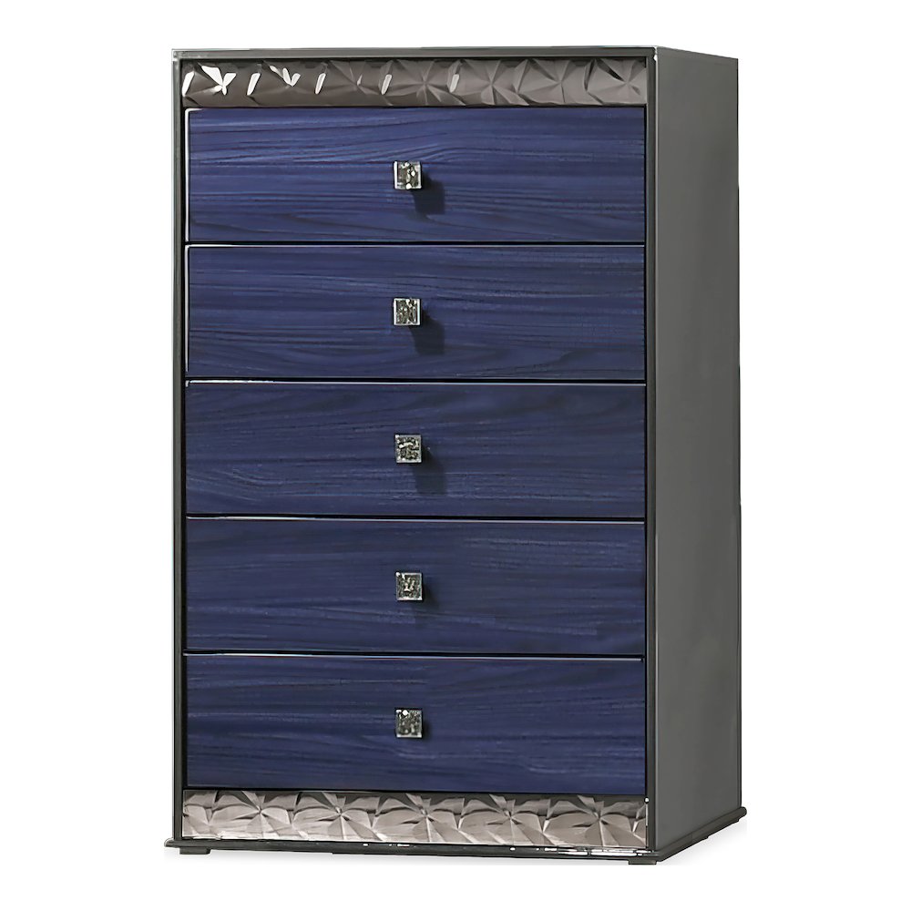 Kensing Glam Ash Gray and Indigo Blue Wood 5-Drawer Chest. Picture 2
