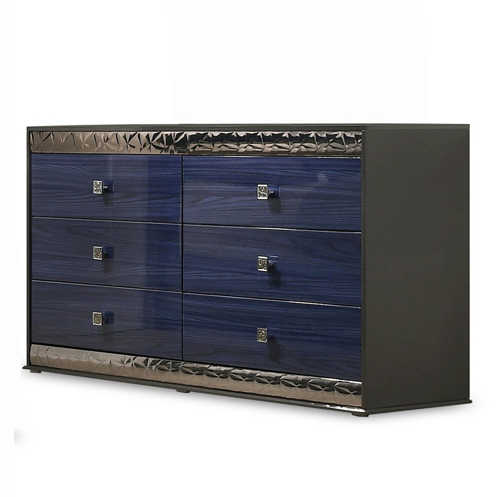 Kensing Glam Ash Gray and Indigo Blue Wood 6-Drawer Dresser. Picture 1
