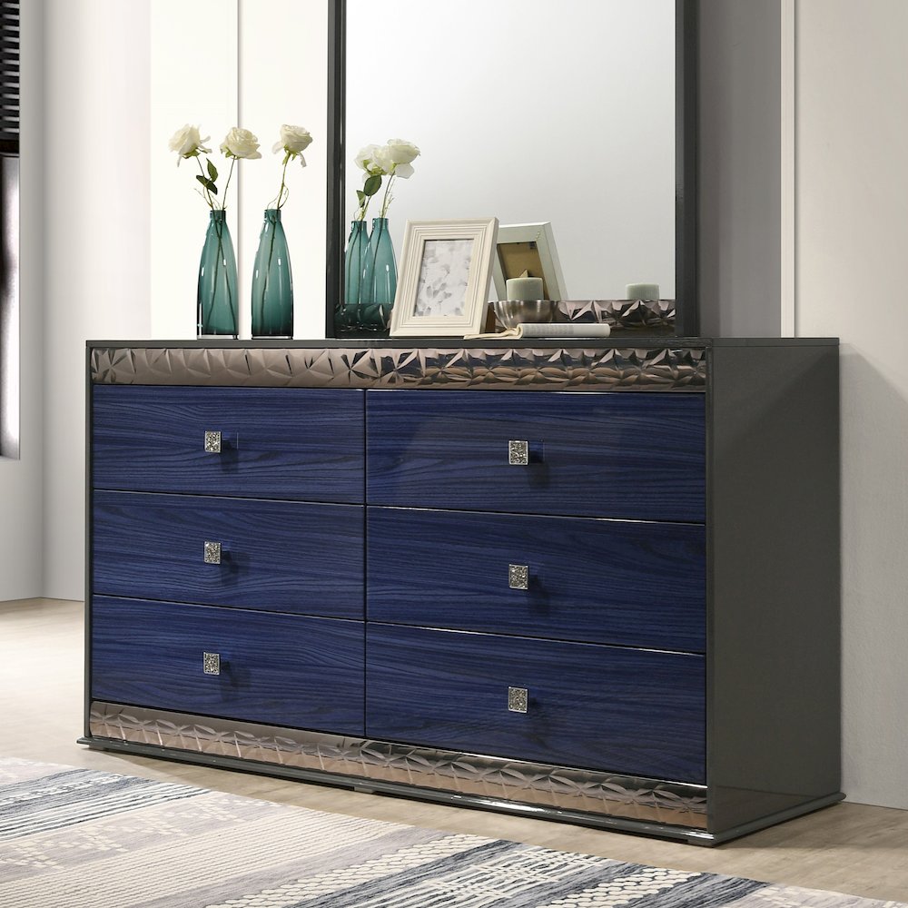 Kensing Glam Ash Gray and Indigo Blue Wood 6-Drawer Dresser. Picture 3