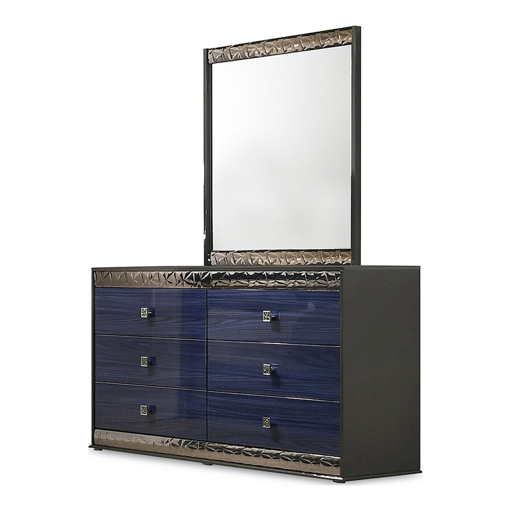Kensing Glam Ash Gray and Indigo Blue Wood 6-Drawer Dresser. Picture 4
