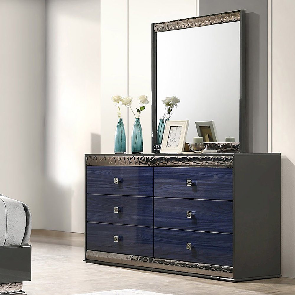 Kensing Glam Ash Gray and Indigo Blue Wood 6-Drawer Dresser. Picture 6
