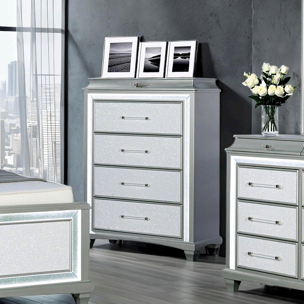 Anson Glam Silver Wood 5-Drawer Chest with LED. Picture 3