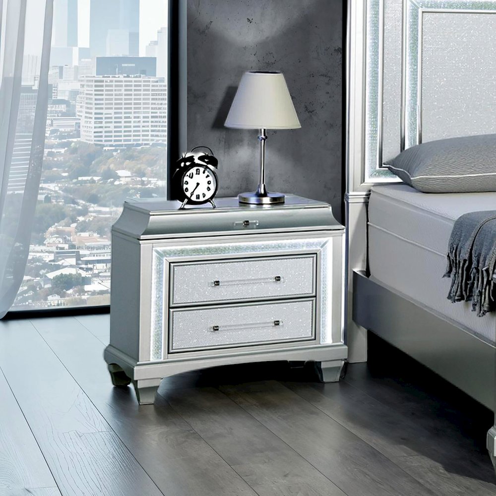 Anson Glam Silver Wood 3-Drawer Nightstand with LED. Picture 3