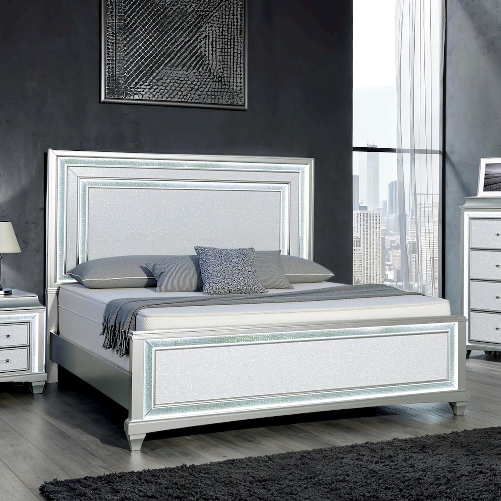 Anson Glam Silver Wood Panel Bed with LED. Picture 3