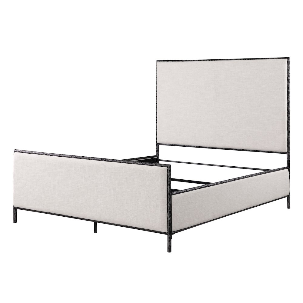 Lalia Hammered Metal and Fabric Upholstered Panel Bed. Picture 1