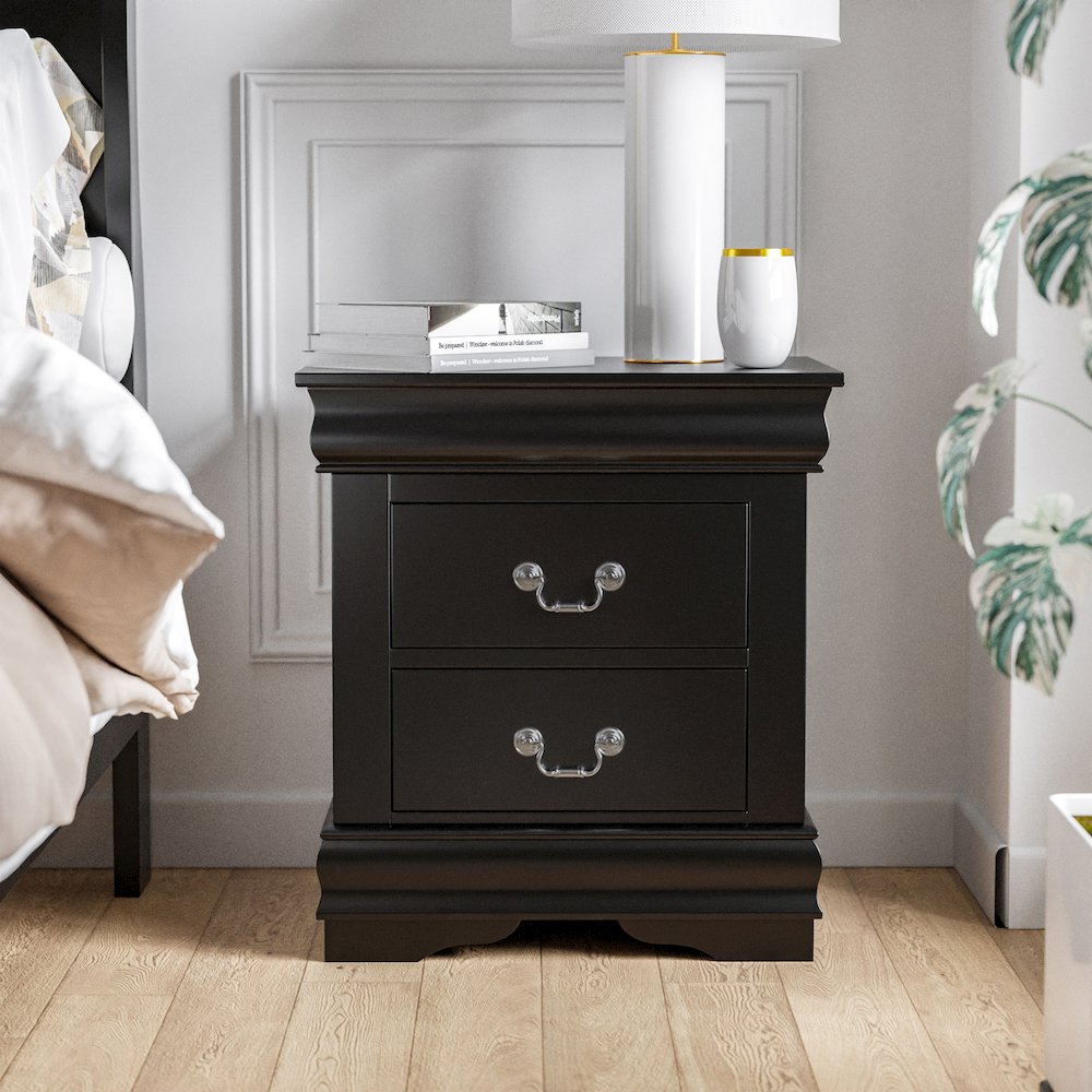 Toni Transitional Wood 2-Drawer Nightstand in Black. Picture 4