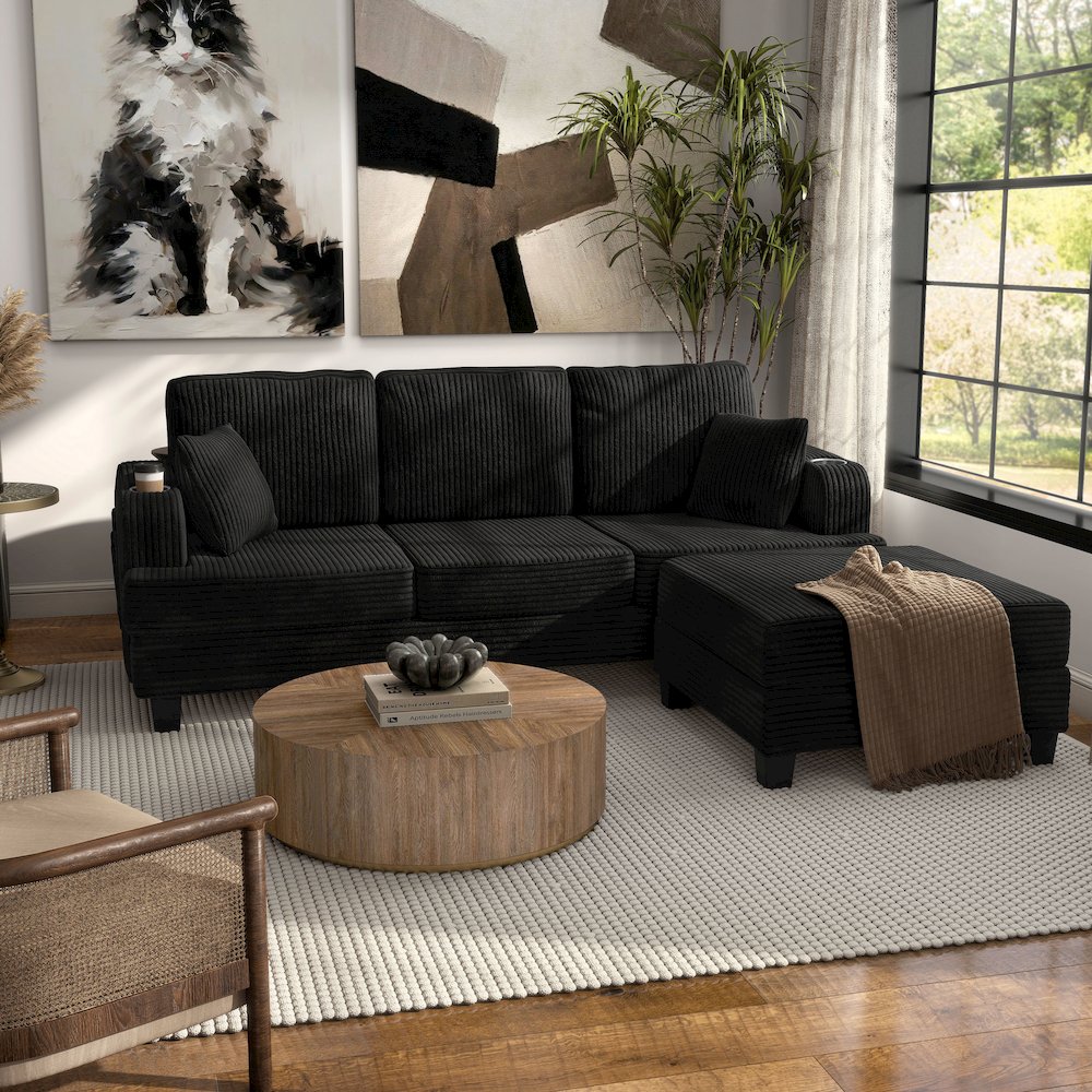 Luka 2-Piece Chenille Sofa and Ottoman Set with Cup Holders. Picture 5