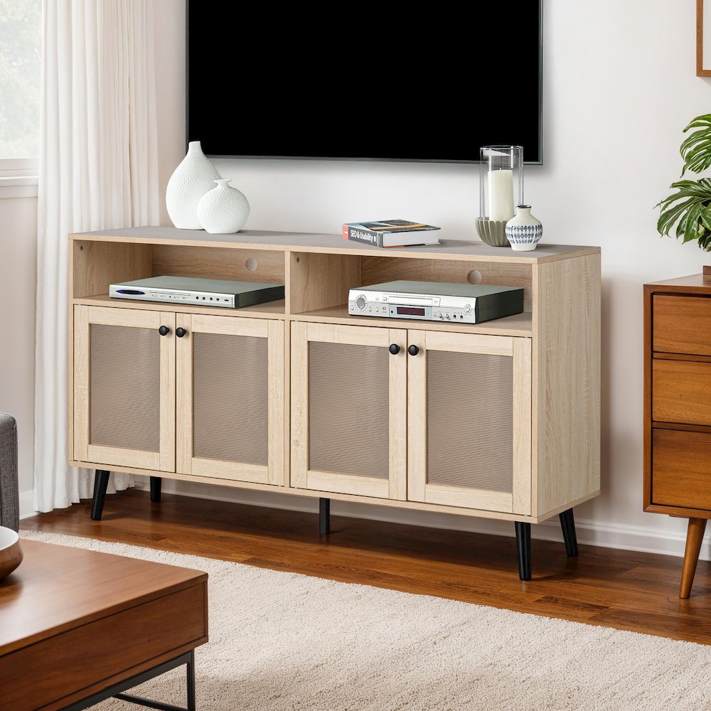 Evans Natural Wood 56-inch TV Stand with 4-Door. Picture 4