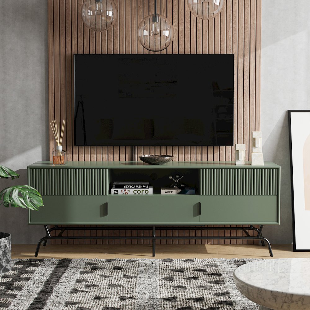 Haft Wood Multi-Storage TV Stand in Sage Green and Black. Picture 4