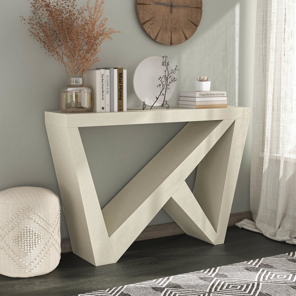 Ollev Wood W-Shaped Legs Console Table in Cream Weave. Picture 4