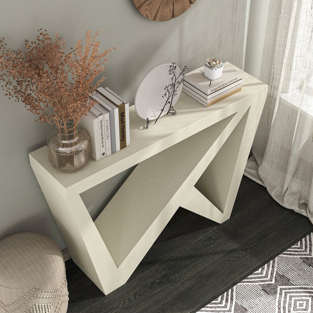 Ollev Wood W-Shaped Legs Console Table in Cream Weave. Picture 5