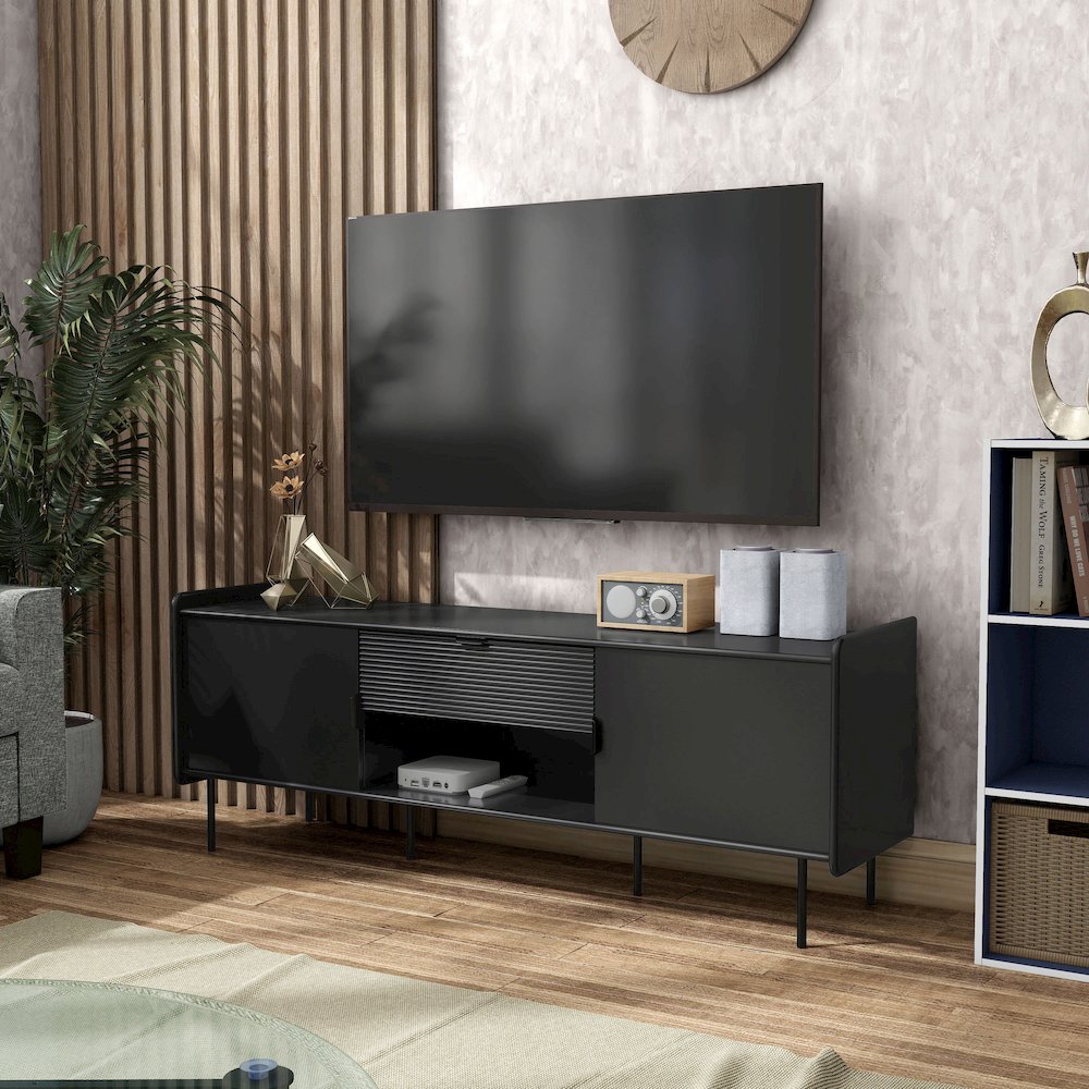 Rainer Modern Black TV Stand with Drawer and Doors. Picture 4