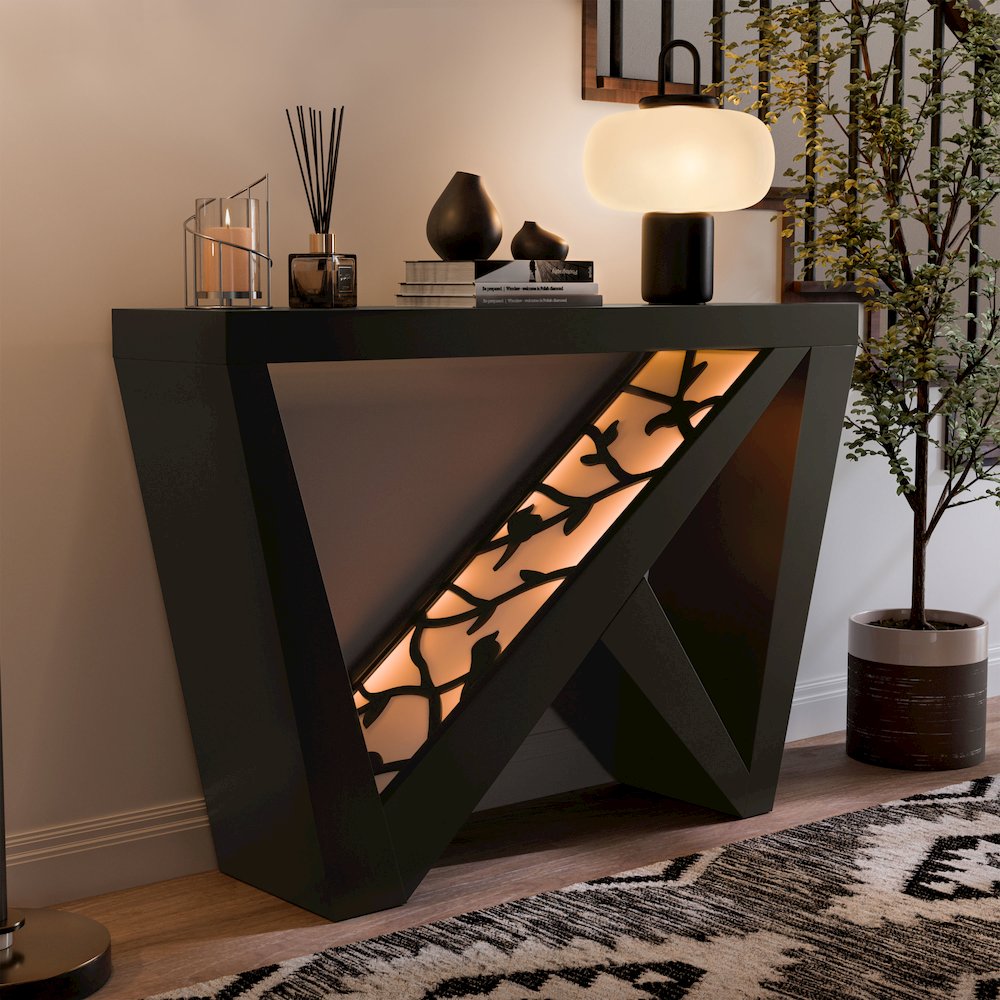 Wyll Contemporary Indoor LED Wood Console Table with Remote. Picture 4