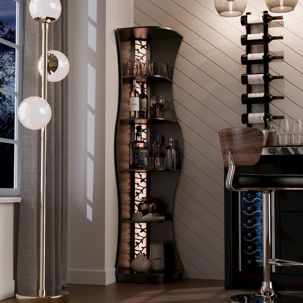 Wilton Contemporary 5-Shelf Corner Bookcase with LED Light. Picture 4