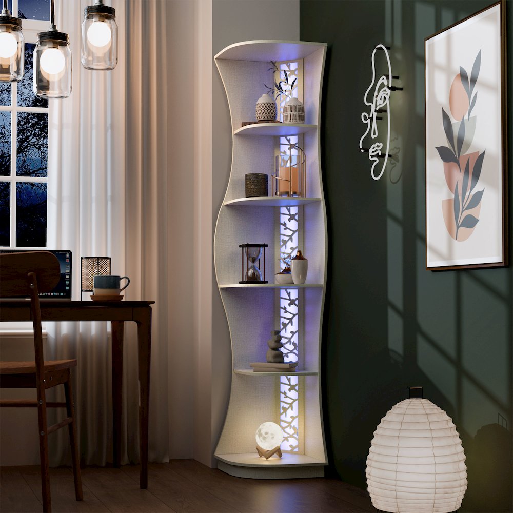 Wilton Contemporary 5-Shelf Corner Bookcase with LED Light. Picture 4