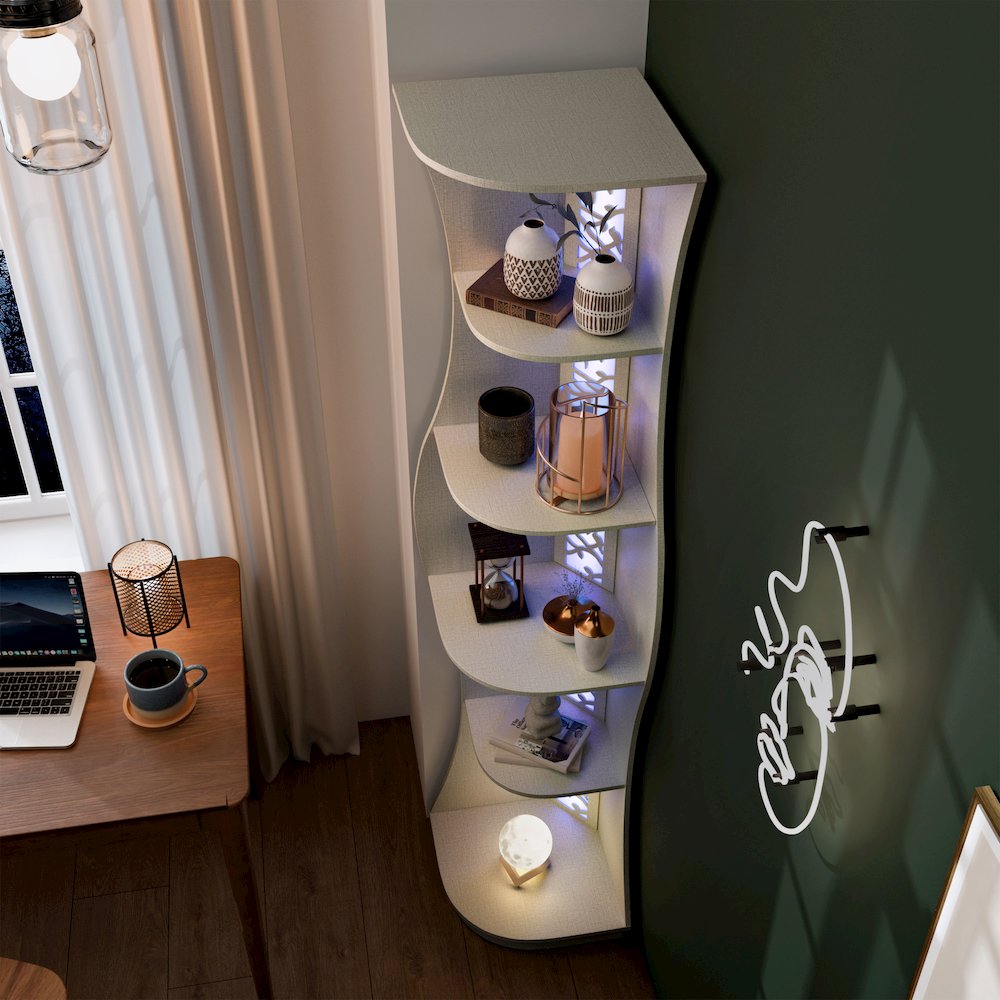 Wilton Contemporary 5-Shelf Corner Bookcase with LED Light. Picture 5