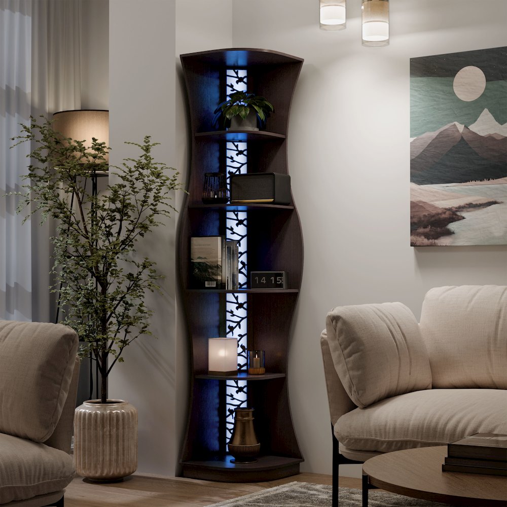Wilton Contemporary 5-Shelf Corner Bookcase with LED Light. Picture 4