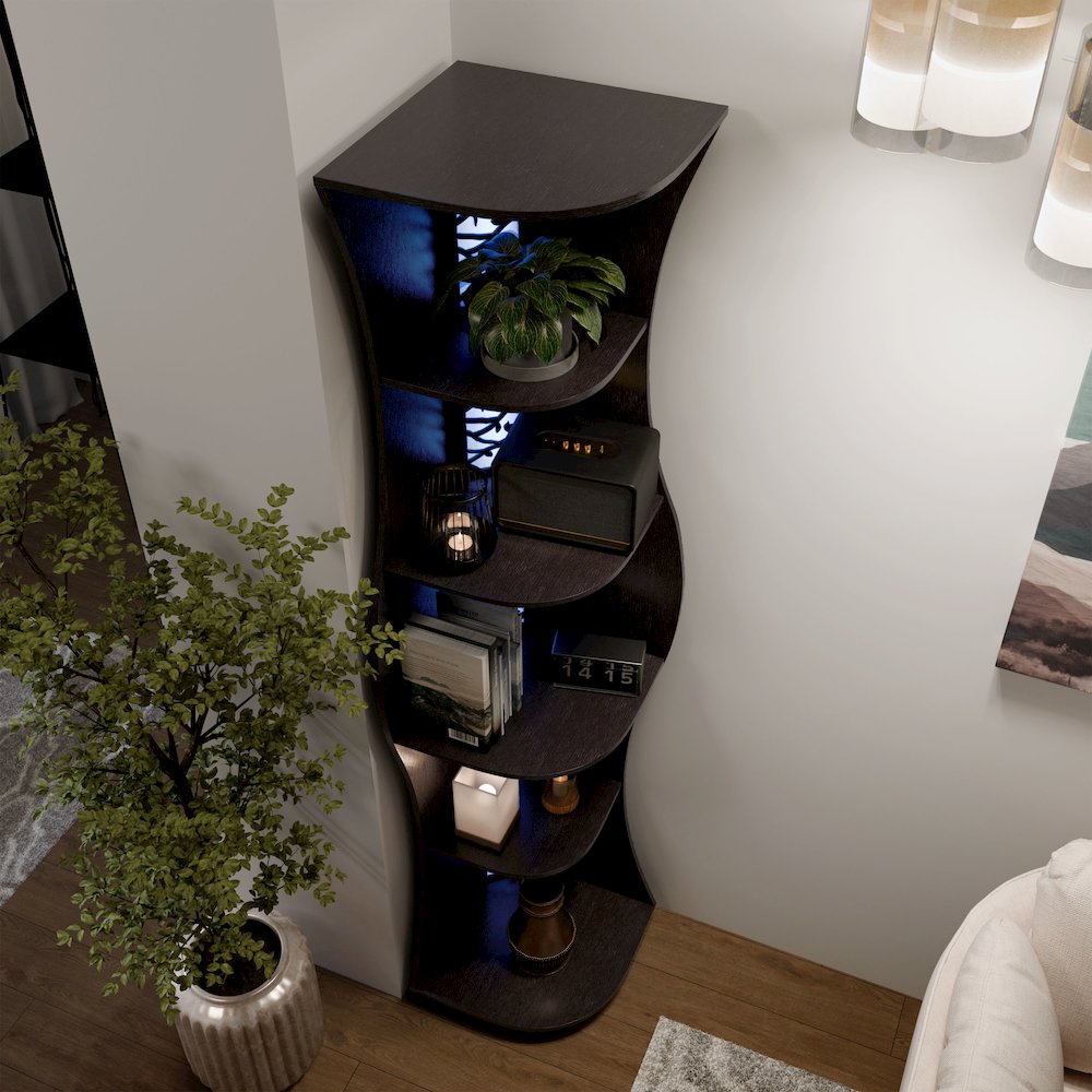 Wilton Contemporary 5-Shelf Corner Bookcase with LED Light. Picture 5