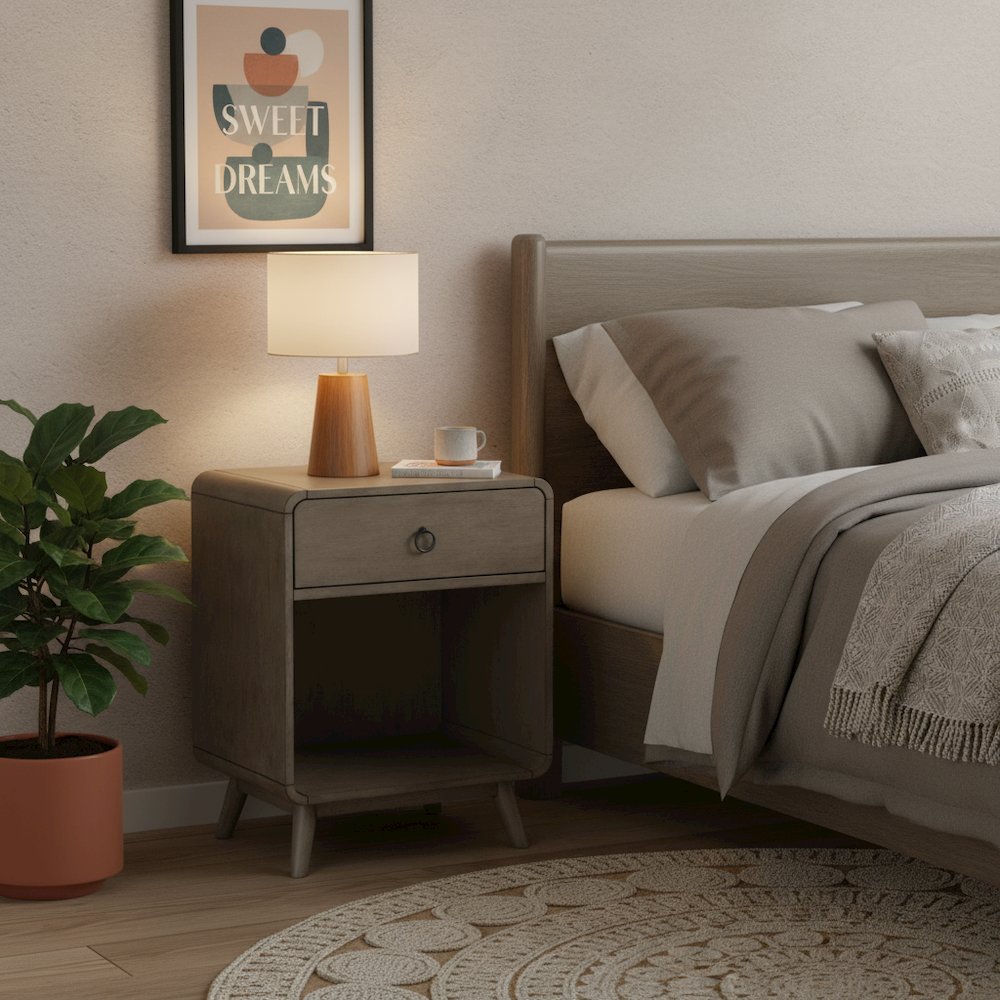 Gray Wooden Nightstand – 1 Drawer Side Table for Bedroom Décor and Storage. Picture 2