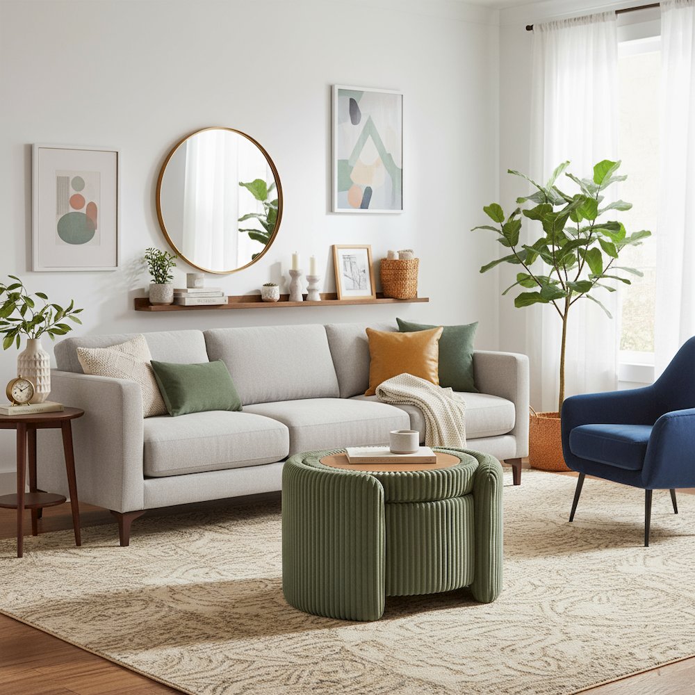 Green Round Ottoman with Storage – Fabric Ottoman Coffee Table for Living Room. Picture 3