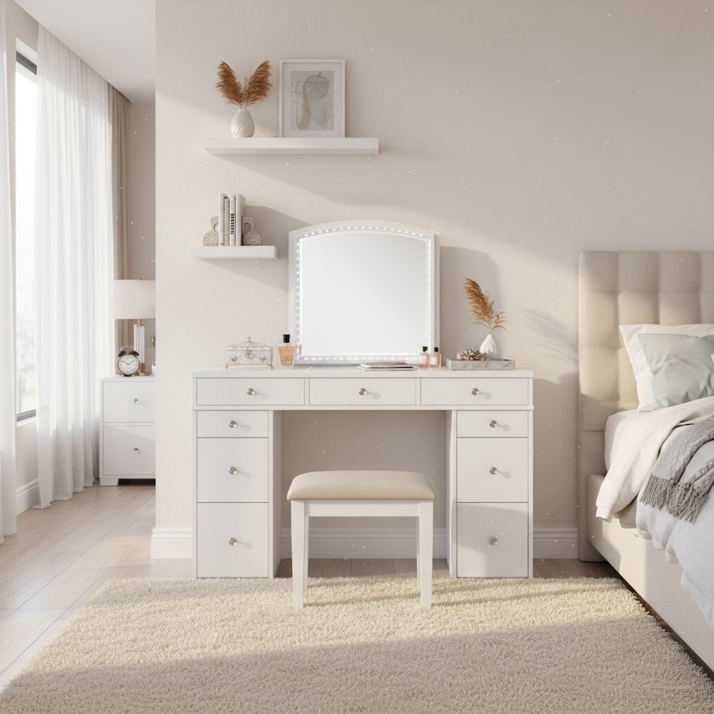 White Makeup Vanity Desk with Mirror and LED Lights – Vanity Desk Set With Stool. Picture 2