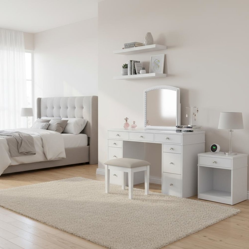 White Makeup Vanity Desk with Mirror and LED Lights – Vanity Desk Set With Stool. Picture 3