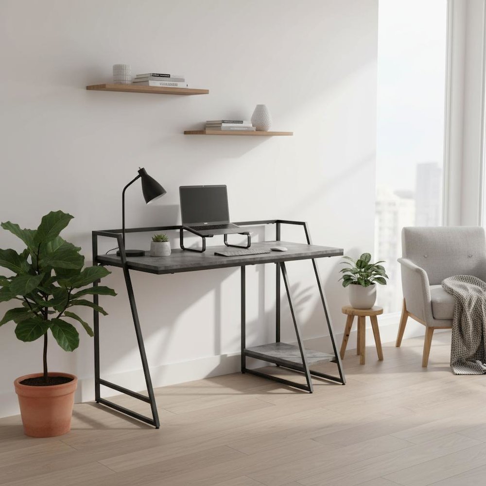 Gray Writing Desk – Metal Computer Desk or Home Office Table with USB. Picture 3