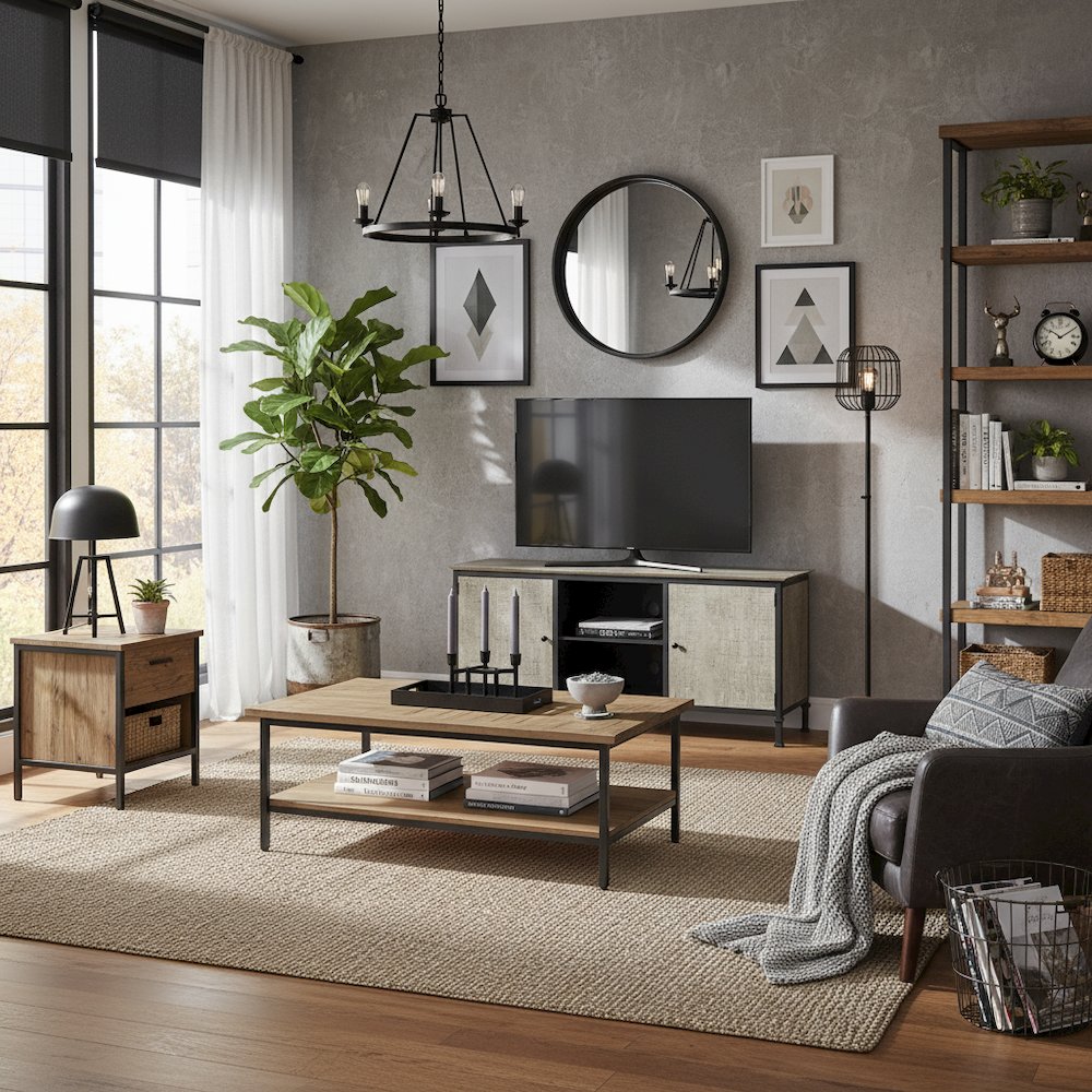 Gray Industrial TV Stand – 60 Inch Wide Entertainment Center For Living Room. Picture 2